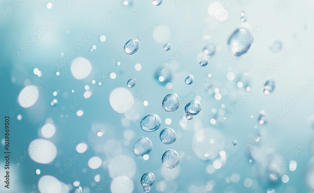 Close-up of water droplets suspended in clear blue liquid. Close-up of water droplets suspended in clear blue liquid.