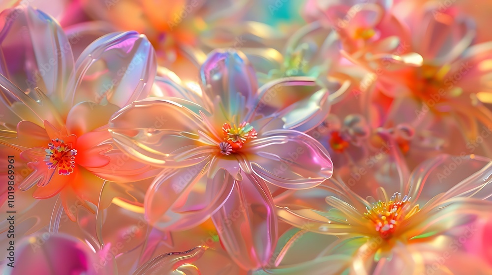 A close-up of virtual plastic flowers with translucent petals, reflecting light in vibrant holographic hues, creating an ethereal, otherworldly effect. 8k UHD, suitable for high-quality printing A close-up of virtual plastic flowers with translucent petals, reflecting light in vibrant holographic hues, creating an ethereal, otherworldly effect. 8k UHD, suitable for high-quality printing