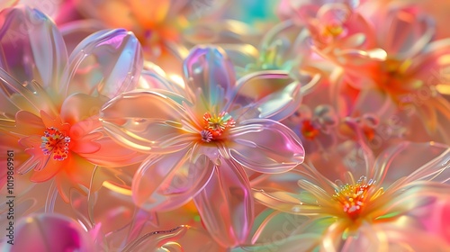 A close-up of virtual plastic flowers with translucent petals, reflecting light in vibrant holographic hues, creating an ethereal, otherworldly effect. 8k UHD, suitable for high-quality printing 