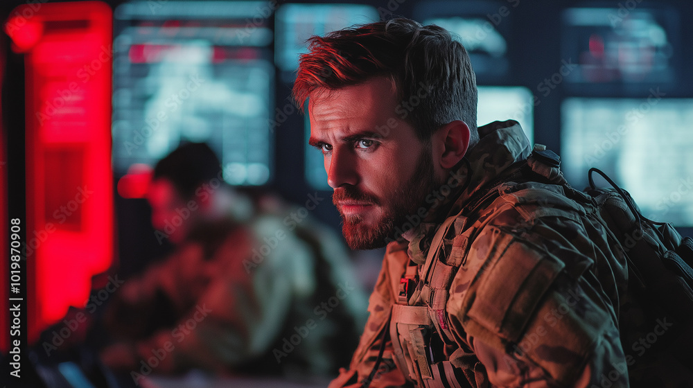 Fototapeta premium Soldier in full gear working at a computer in a dimly lit, red-illuminated room.