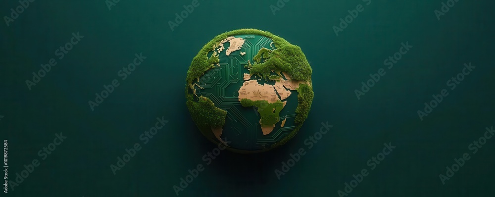 Fototapeta premium Circuit board pathways connecting continents with a global shield encircling the entire planet, global protection circuit board, shielded planet