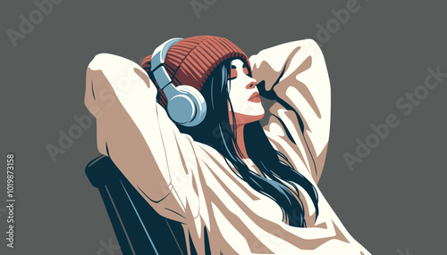 a girl or woman sit and relax with headphone listen to music flat design illustration