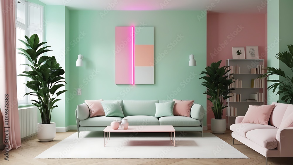 Fototapeta premium modern living room interior background. pillows, green plaid, lamp and fiddle leaf tree