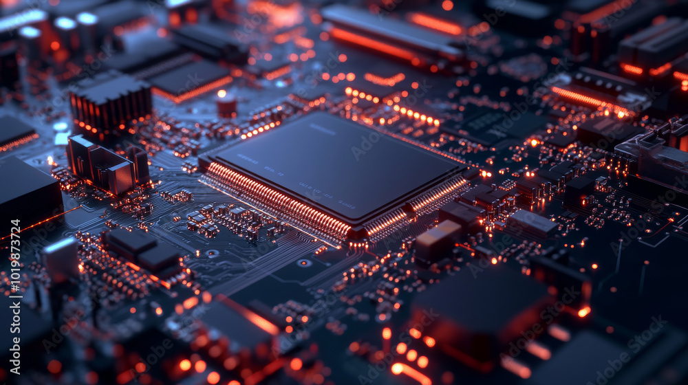 A computer chip with built-in artificial intelligence (AI). The AI is directly on the chip, connected to the motherboard. This shows how AI is becoming part of our hardware. A computer chip with built-in artificial intelligence (AI). The AI is directly on the chip, connected to the motherboard. This shows how AI is becoming part of our hardware.