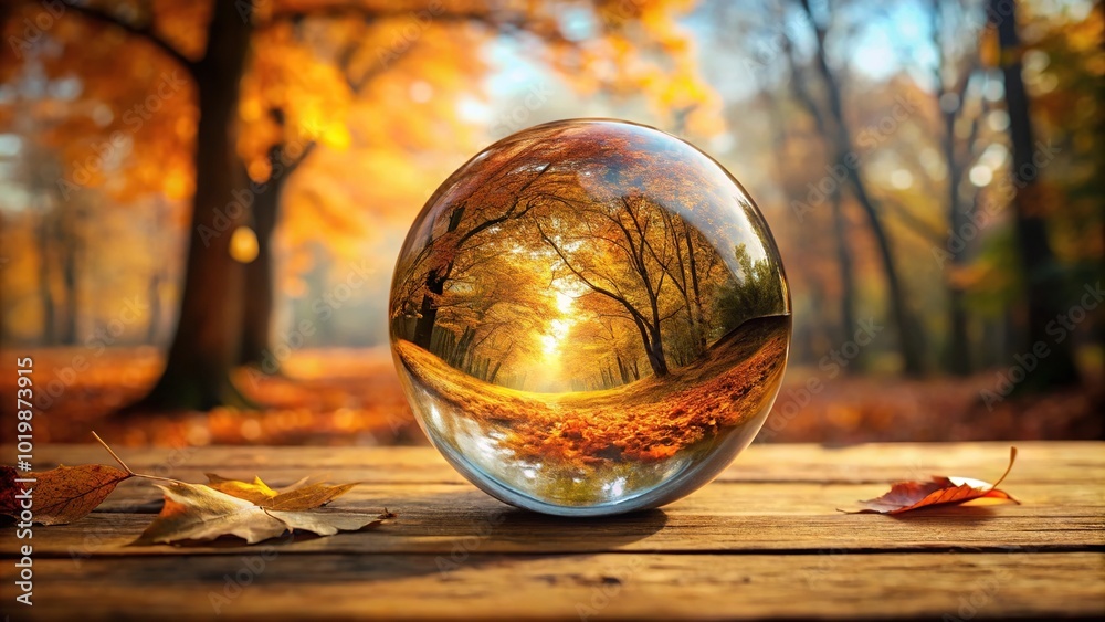 Autumn scene reflected in crystal ball on wooden table Autumn scene reflected in crystal ball on wooden table