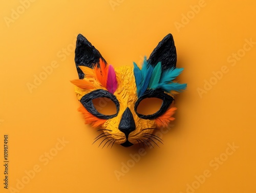 Paper mache cat mask with vibrant paint and fur details, playful design, 3D illustration