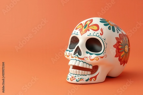 Paper mache skull with intricate day-of-the-dead designs, festive and cultural, 3D illustration