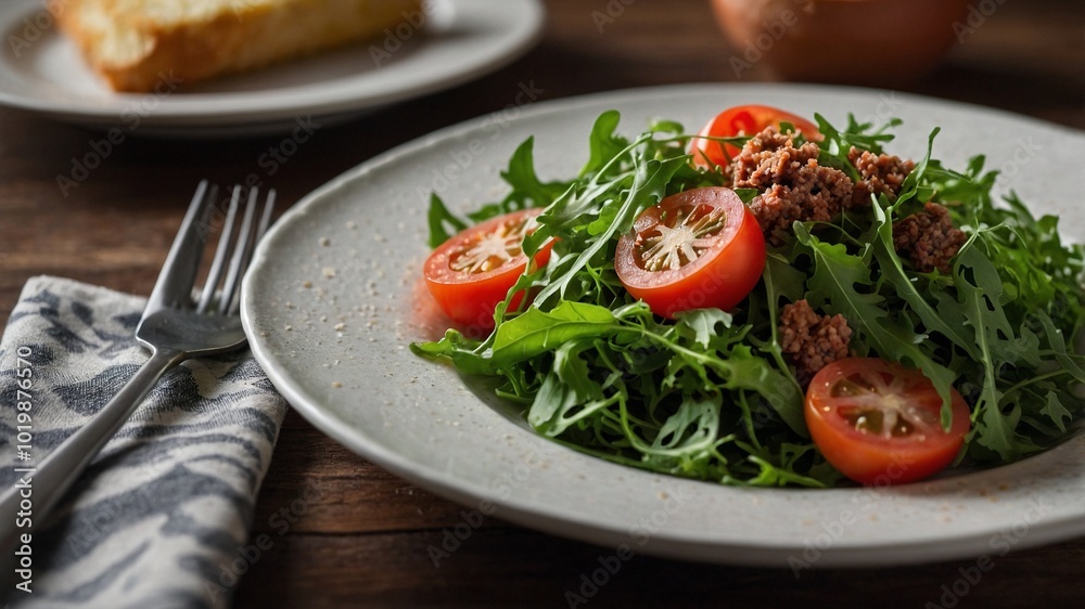A Plate of Arugula Salad with Tomatoes with Minced Meat A Plate of Arugula Salad with Tomatoes with Minced Meat