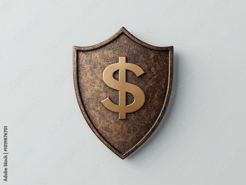 Shield with dollar symbols etched into the surface, intricate financial security design, 3D illustration