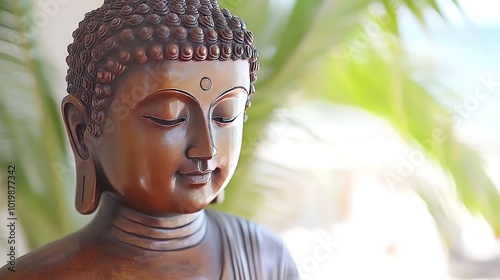 Close-up of a serene Buddha statue with a blurred green background.