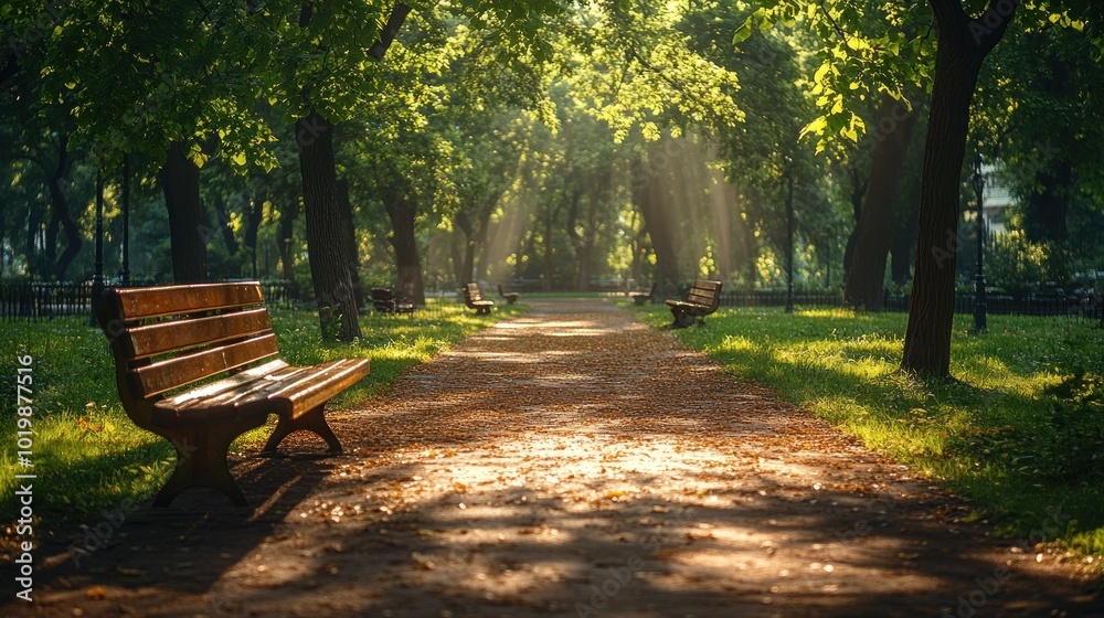 A serene park path lined with benches, bathed in the warm glow of morning sunlight filtering through lush green trees. A serene park path lined with benches, bathed in the warm glow of morning sunlight filtering through lush green trees.