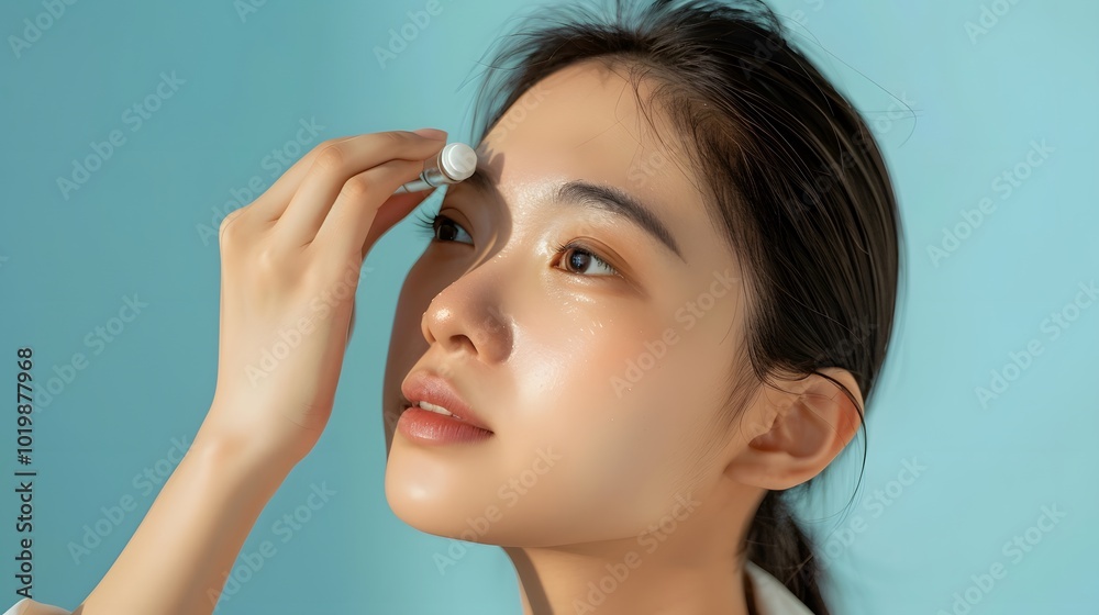 Asian young woman applying medical eye drops to treat dry eyes and irritation, representing relief from inflammation, eye allergies, and optical discomfort -- Asian young woman applying medical eye drops to treat dry eyes and irritation, representing relief from inflammation, eye allergies, and optical discomfort --