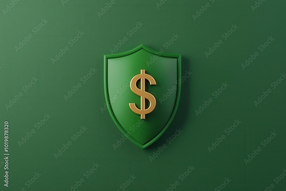 Emerald green shield with a central dollar sign, symbolizing prosperity and safety, 3D illustration Emerald green shield with a central dollar sign, symbolizing prosperity and safety, 3D illustration