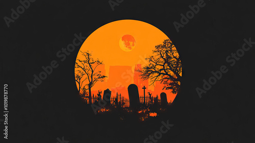 Minimalst orange and black halloween graveyard scene with dead spooky trees within a perfect circle. photo