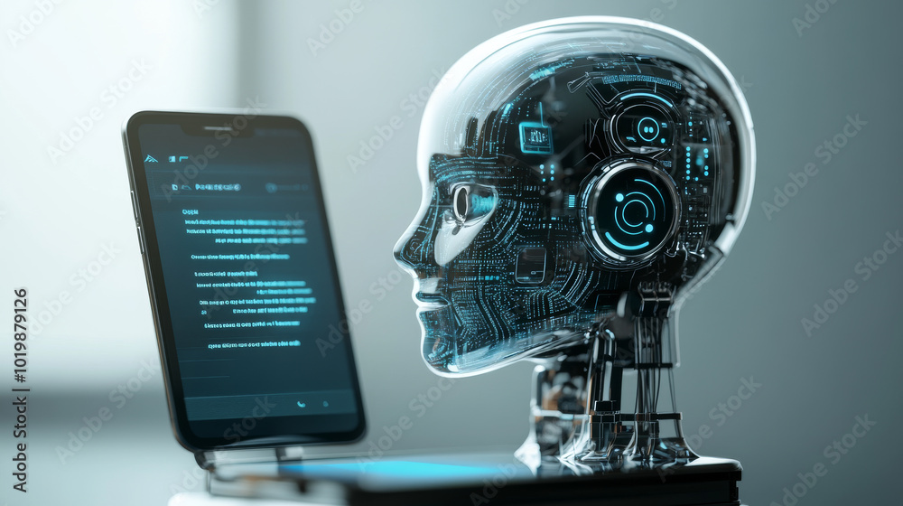 An AI chatbot, represented by a robot head, appears on a phone screen. The chatbot interacts with a user through messaging, simulating a conversation. An AI chatbot, represented by a robot head, appears on a phone screen. The chatbot interacts with a user through messaging, simulating a conversation.