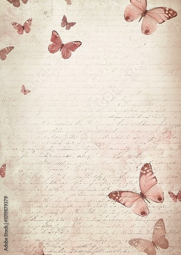 Vintage handwriting background with flowers and butterflies