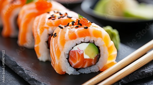 Salmon Sushi Rolls with Avocado, Cream Cheese, and Tobiko photo