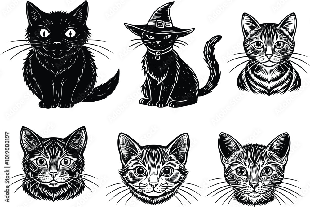 Obraz premium black and white cats set vector illustration.