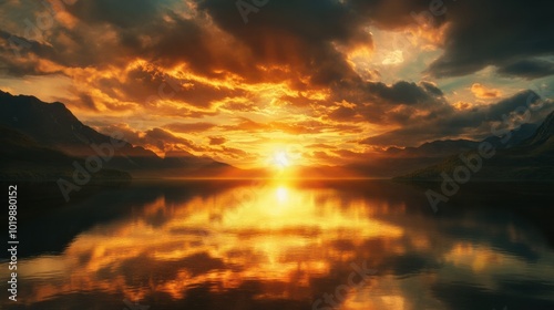 A glowing sunset reflected on the surface of a calm lake, surrounded by tall mountains and dark clouds.