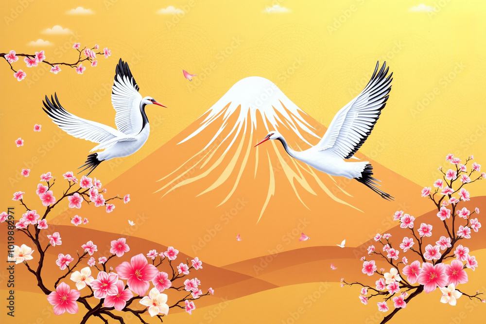 Cranes Flying Over Mount Fuji - A Golden Landscape of Traditional ...