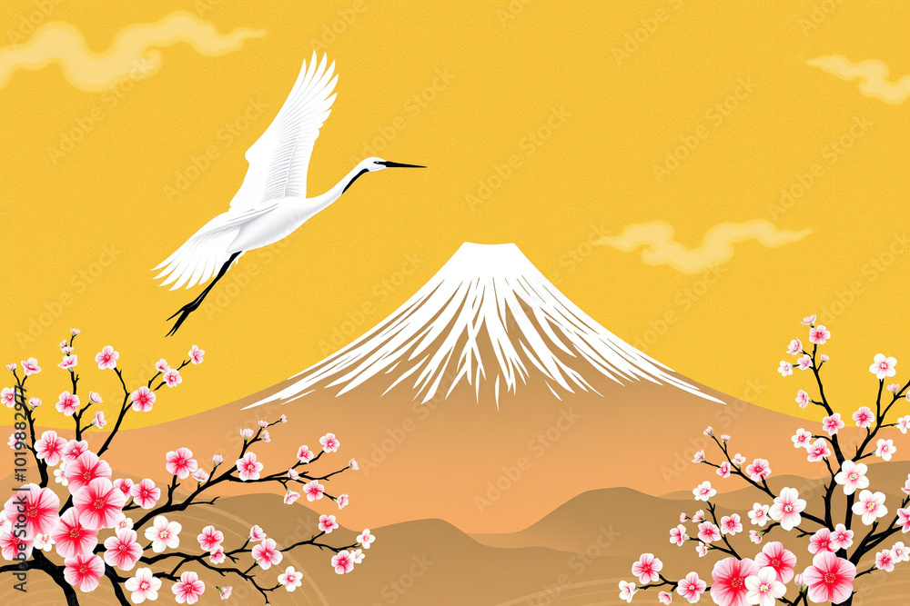 Cranes Flying Over Mount Fuji - A Golden Landscape of Traditional ...