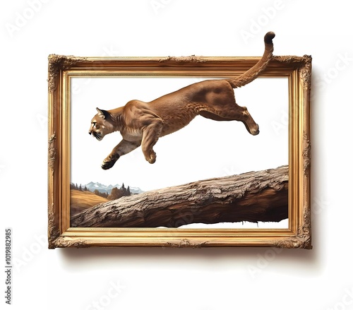 A mountain lion leaping off an old log on the side wall, a golden picture frame with a landscape painting inside is hanging in front of it photo