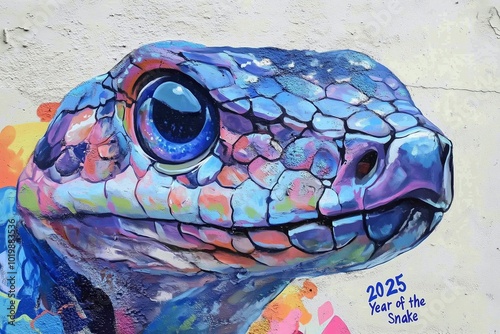 2025 Chinese new year of the snake with light blue and purple scales graffiti tagged on a white wall. Zodiac signs from China. Urban street art. Horizontal (3:2)