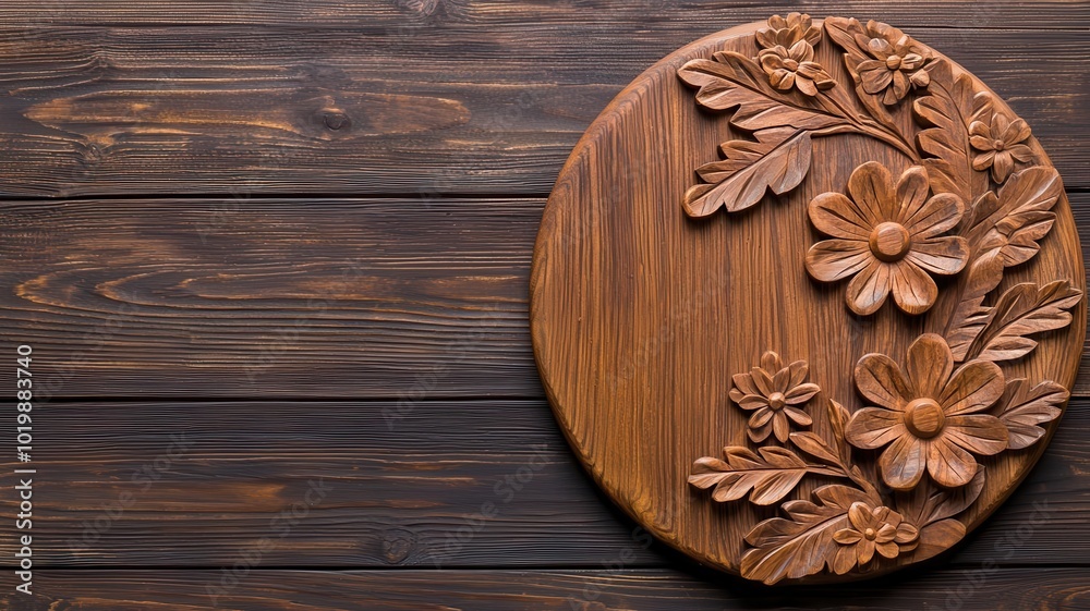 Wooden shield with flower carvings, showcasing carved daisy and oak leaf motifs, shield flowers, carved floral shield Wooden shield with flower carvings, showcasing carved daisy and oak leaf motifs, shield flowers, carved floral shield