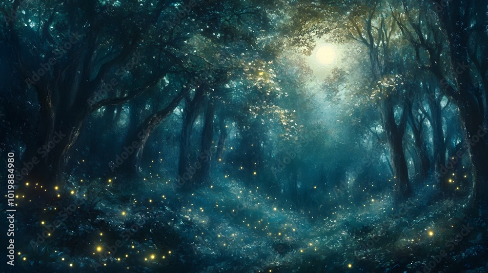 Fototapeta premium Enchanting Glowing Forest Path in Mysterious Moonlit Landscape