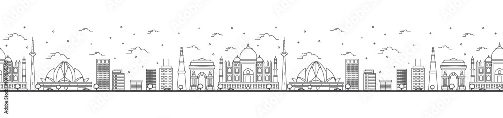 Seamless pattern with outline Delhi India City Skyline with Historic Buildings Isolated on White. Delhi Cityscape with Landmarks. Seamless pattern with outline Delhi India City Skyline with Historic Buildings Isolated on White. Delhi Cityscape with Landmarks.