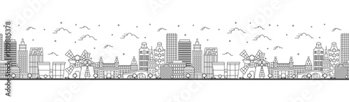 Seamless pattern with outline Amsterdam Netherlands City Skyline with Historic Buildings Isolated on White. Amsterdam Cityscape with Landmarks.