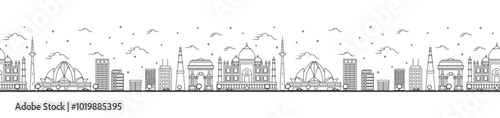 Seamless pattern with outline Delhi India City Skyline with Historic Buildings Isolated on White. Delhi Cityscape with Landmarks.