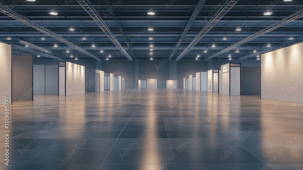 A vacant exhibition hall with empty booths. The floor is tiled and the scene is set up for a marketing presentation. This is a 3D rendering. A vacant exhibition hall with empty booths. The floor is tiled and the scene is set up for a marketing presentation. This is a 3D rendering.