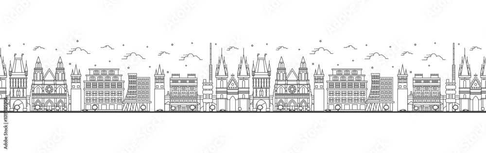 Seamless pattern with outline Prague Czech Republic City Skyline with Historic Buildings Isolated on White. Prague Cityscape with Landmarks. Seamless pattern with outline Prague Czech Republic City Skyline with Historic Buildings Isolated on White. Prague Cityscape with Landmarks.