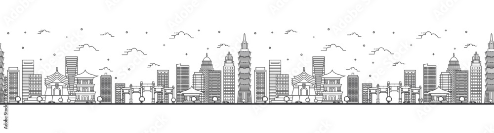 Seamless pattern with outline Taipei Taiwan City Skyline with Modern Buildings Isolated on White. Taipei Cityscape with Landmarks. Seamless pattern with outline Taipei Taiwan City Skyline with Modern Buildings Isolated on White. Taipei Cityscape with Landmarks.