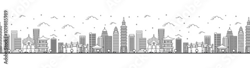 Seamless pattern with outline Taipei Taiwan City Skyline with Modern Buildings Isolated on White. Taipei Cityscape with Landmarks.