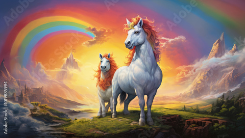 Two graceful unicorns stand before a vibrant rainbow in a breathtaking fantasy landscape bathed in the warm glow of sunset.
