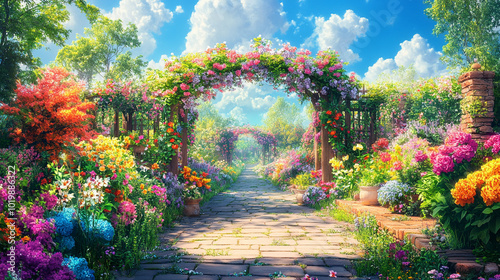Fototapeta Naklejka Na Ścianę i Meble -  fairytale garden adorned with colorful floral arches, inviting viewers into a whimsical realm filled with nature's beauty and enchantment, evoking feelings of joy and tranquility