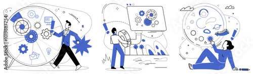 Financial forecasting vector illustration. Analyzing statistics is key unlocking doors to treasure trove financial forecasting Planning is architect drawing blueprints for castle financial success