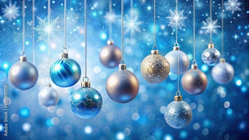 Blue background with sparkling Christmas ornaments hanging in leading lines