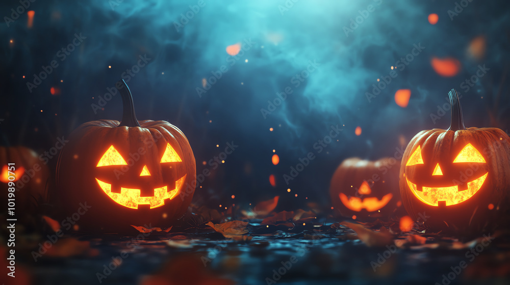 Fototapeta premium Spooky Halloween scene featuring glowing jack-o'-lanterns surrounded by autumn leaves and atmospheric mist.
