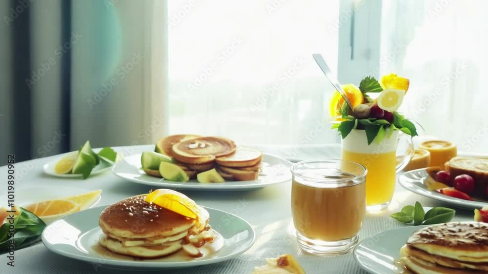 Table set with breakfast. Generative AI Table set with breakfast. Generative AI