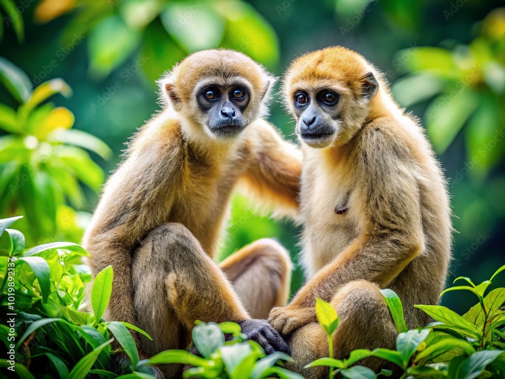 Fototapeta premium Playful Northern Muriqui Monkeys Interacting in Their Natural Habitat Amongst Lush Greenery