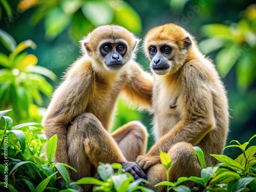 Playful Northern Muriqui Monkeys Interacting in Their Natural Habitat Amongst Lush Greenery photo