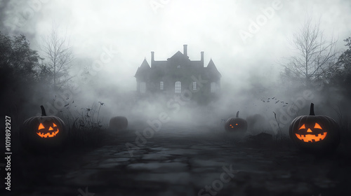 Spooky Halloween scene with a haunted house in the distance, surrounded by fog and jack-o-lanterns.