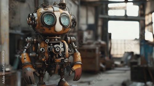 Diminutive Gnome Automaton   Meticulously Crafted Clockwork Limbs Brass and Iron Components in Dilapidated Warehouse photo