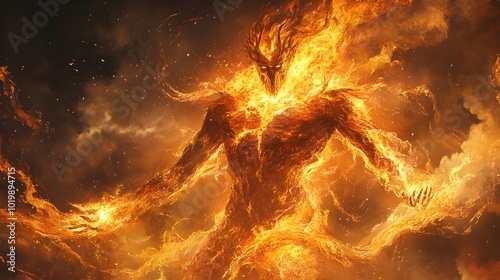 Majestic Ifrit Towering Humanoid Fire Demon Wreathed in Swirling Flames of Molten Lava Like Skin photo