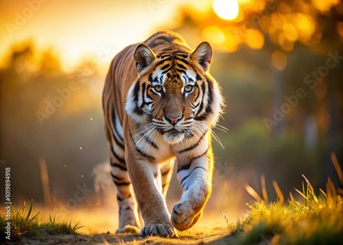 Wildlife Photography of a Walking African Tiger in its natural habitat fur shinning in Golden Hour photo