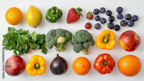 Assortment of Fresh Fruits and Vegetables on White Background