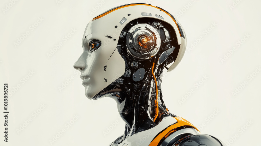 A highly intelligent robot, a cyborg with advanced thinking abilities, uses a digital interface to work. This represents a futuristic scientific concept related to the Fourth Industrial Revolution. A highly intelligent robot, a cyborg with advanced thinking abilities, uses a digital interface to work. This represents a futuristic scientific concept related to the Fourth Industrial Revolution.
